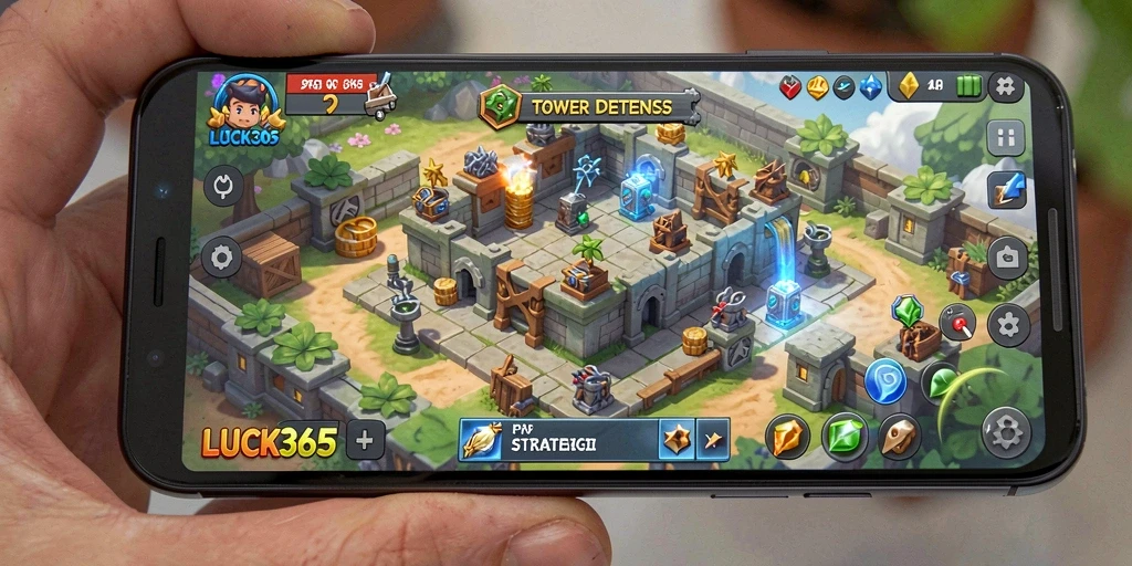 Screenshot utama LUCK365 menampilkan aksi strategis Tower Defense yang seru.