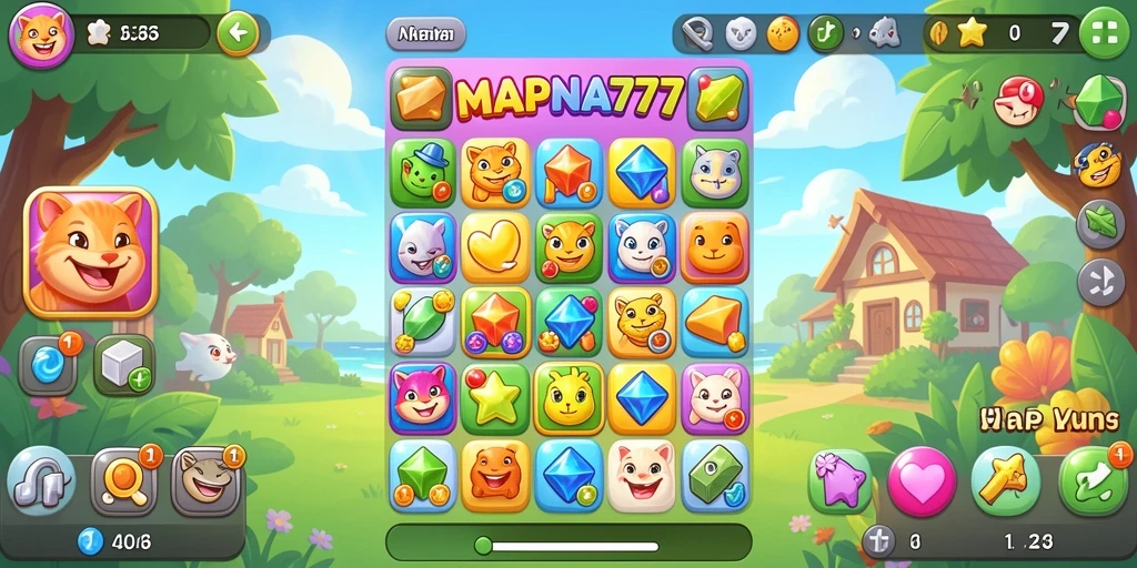 Tampilan seru gameplay MAPNA777 saat mencocokkan item Match-3.