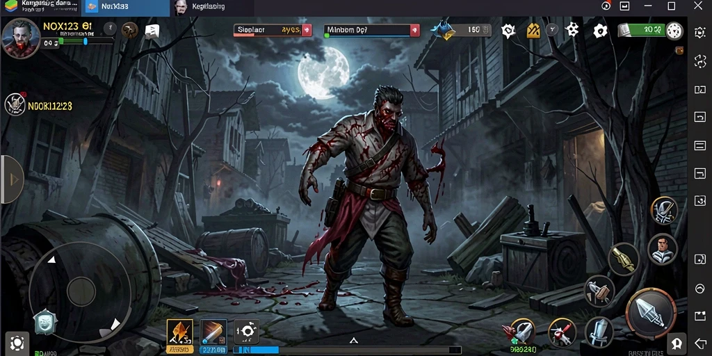 Tampilan gameplay NOX123 yang penuh ketegangan dan kegelapan.
